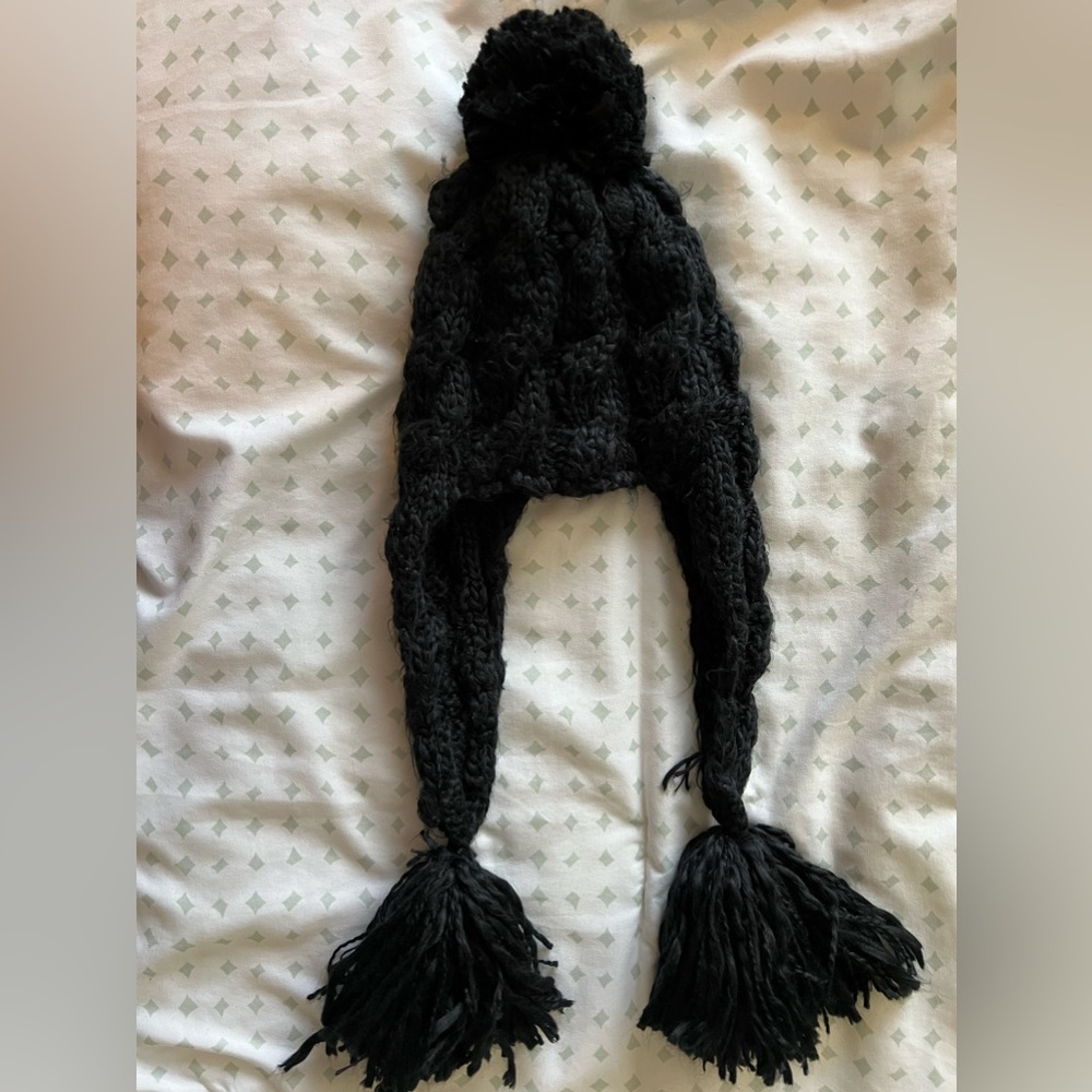Black Pom-Pom Beanie, with long ear coverings